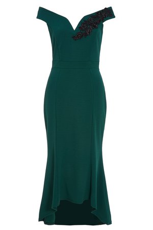 Bottle Green Bardot Dip Hem Dress - Quiz Clothing