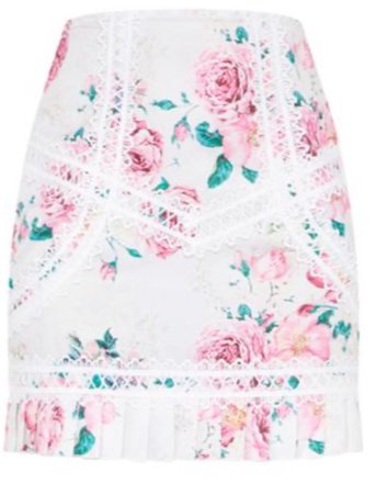 White Floral Pleated Edge Lace Detail Mini Skirt