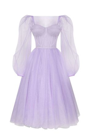 Lavender puff sleeve midi tulle dress