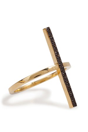18K Yellow Gold Cross Over Ring with Black Diamonds Gr. 7