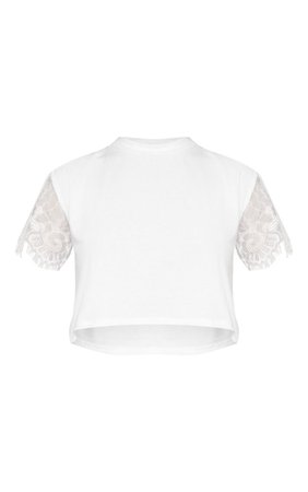 White Eyelash Lace Sleeve T Shirt | Tops | PrettyLittleThing USA