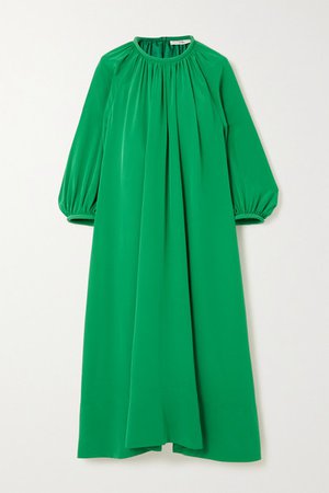 Gathered Silk Midi Dress - Green