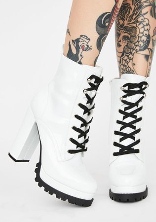 Patent Vegan Leather Lace Up Ankle Boots - White | Dolls Kill