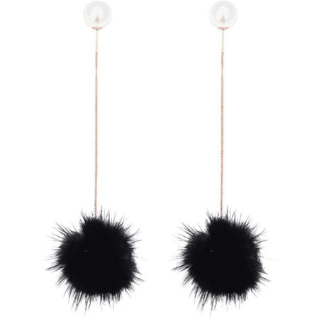 Faux Pearl Fuzzy Ball Chain Earrings Black