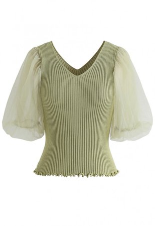 Mesh Sleeves V-Neck Fitted Knit Top in Moss Green - NEW ARRIVALS - Retro, Indie and Unique Fashion