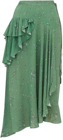 Electra Ruffled Floral Print Crepe Wrap Skirt - Womens - Green Multi
