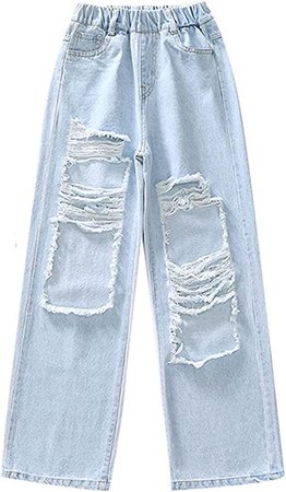 Amazon.com: NABER Kids Girls Elastic Waist Cool Ripped Jeans Washed Denim Wide Leg Ripped Denim Jean Age 4-14 Years (Blue1, 5-6 T): Clothing, Shoes & Jewelry