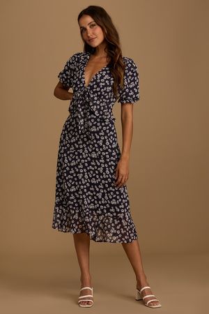 Navy Blue Midi Dress - Floral Print Dress - Tiered Dress - Lulus