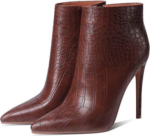 Amazon.com | MODENCOCO Women's Pointed Toe Leather Zip Matte Stiletto High Heel Ankle High Boots 4.7 Inch | Ankle & Bootie