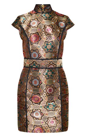 Gold Oriental Jaquard High Neck Dress | PrettyLittleThing USA