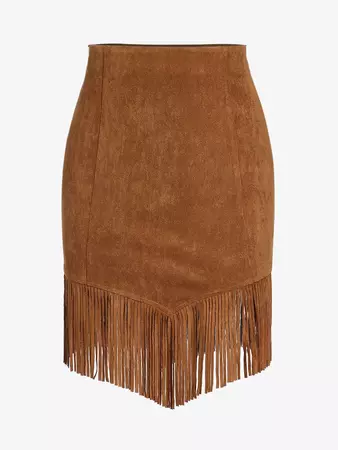ZAFUL Women's Solid Color Daily Fringed Hanky Hem Faux Suede Fitted Mini Skirt In COFFEE | ZAFUL 2023