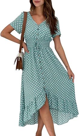 Langwyqu Womens Summer Beach Dress V Neck Short Sleeve Polka Dots Ruffles High Low Dresses at Amazon Women’s Clothing store