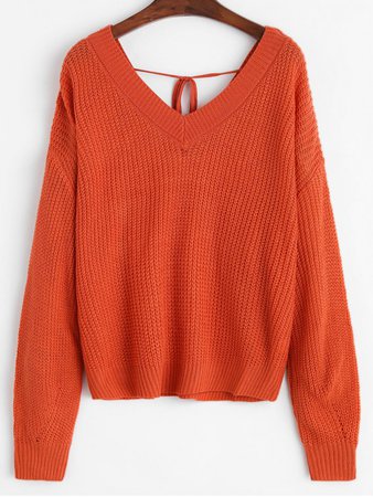 [35% OFF] [NEW] 2019 Solid Tie Back V Neck Jumper Sweater In ORANGE | ZAFUL Europe orange