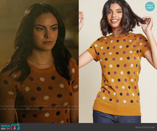 WornOnTV: Veronica’s mustard polka dot top on Riverdale | Camila Mendes | Clothes and Wardrobe from TV