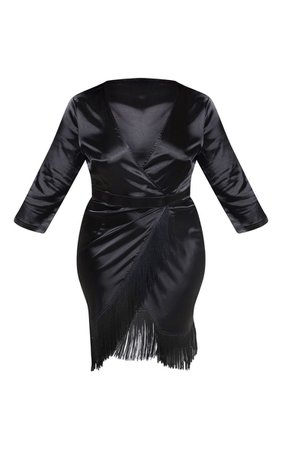 Plus Black Satin Wrap Tassel Hem Midi Dress | PrettyLittleThing USA