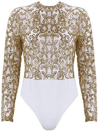 Bolawoo 77 Women S Bodysuit Elegant Festive Stand Collar Transparent Mesh Fashion Brands Blouse Long Sleeve Bodysuit Tunic Cocktail Tops Overalls Retro Party Tops Stretch Wrap Body ( Color : Gold , Size : XL ): Amazon.co.uk: Clothing