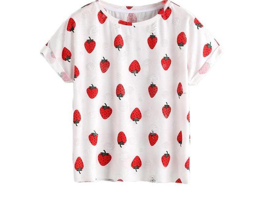 Strawberry Print T-shirts Frayed Dot Tee White Cute Casual Tops Women