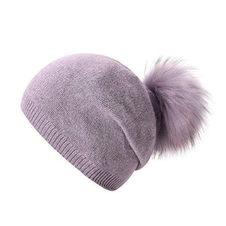 Women Knit Wool Beanie - Winter Solid Cashmere Ski Hats Real Raccoon Fur Pom Pom (Purple) at Amazon Women’s Clothing store: