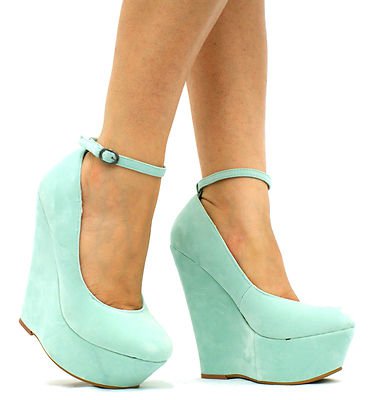 WOMANS LADIES MINT WEDGE HIGH HEEL PLATFORM MARY JANE ANKLE STRAP SHOE BOOTS Z25