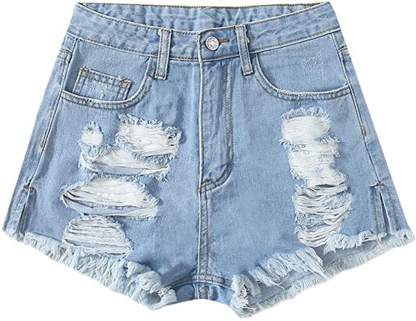 SweatyRocks Women's Casual Ripped Denim Shorts Frayed Raw Hem Jeans Shorts Blue-4 L at Amazon Women’s Clothing store