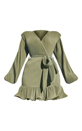 Olive Plisse Shoulder Pad Wrap Bodycon Dress | PrettyLittleThing USA