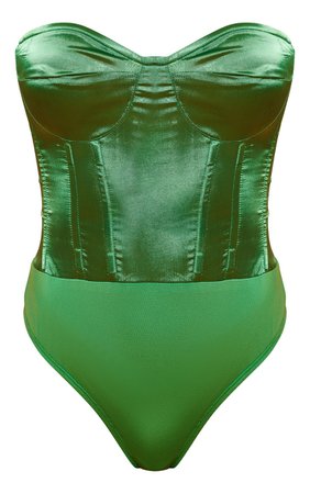 Bright Green Satin Corset Bodysuit | PrettyLittleThing CA