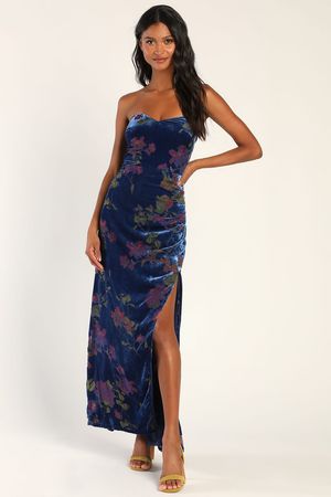 Blue Velvet Dress - Burnout Floral Dress - Strapless Maxi Dress - Lulus