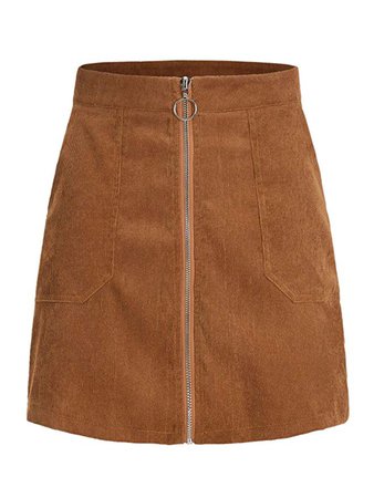 WDIRARA Women's Casual O-Ring Zip Front Slant Pocket Corduroy Straight Mini Skirt at Amazon Women’s Clothing store