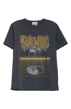 Ganni Spaceship Logo Graphic Cotton Tee | grey