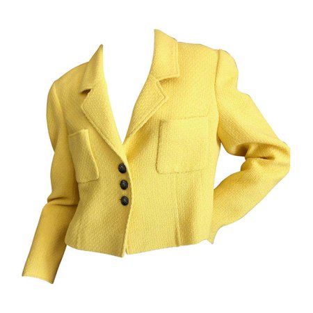 Chanel Vintage Cropped Yellow Boucle Jacket w CC buttons and Chain Weighted Hem For Sale at 1stdibs