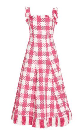 Fringe-Detailed Checkered Tweed Midi Dress By Oscar De La Renta | Moda Operandi