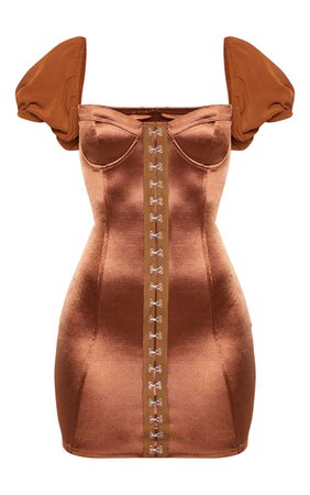 Chocolate Satin Hook & Eye Puff Sleeve Dress | PrettyLittleThing USA