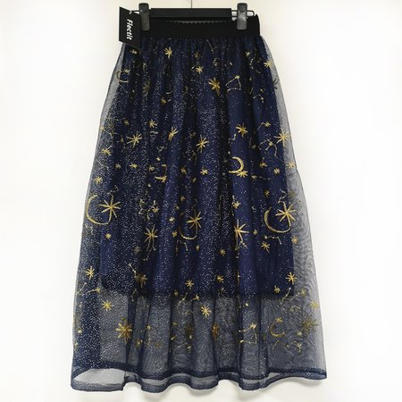 Flectit Gold Moon Star Embroidered Tulle Skirt Vintage Semi Sheer Fabric High Waist Pleated Midi Skirt For Women Ladies-in Skirts from Women's Clothing on AliExpress