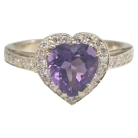 14 Karat Yellow Gold Amethyst and Diamond Heart Halo Ring For Sale at 1stDibs