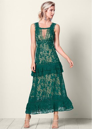 Long Lace Dress in Green Multi | VENUS