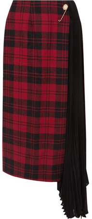 Marita Asymmetric Checked Wool And Pleated Chiffon Skirt - Red