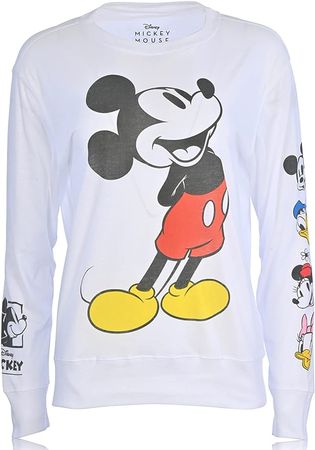 Disney Ladies Mickey Mouse Fashion Shirt Mickey and Minnie Mouse Long Sleeve with Sleeve Print Tee (White, X-Large) at Amazon Women’s Clothing store
