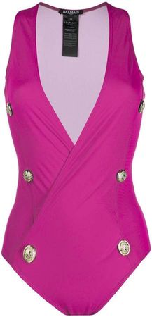 plunging neckline buttoned swimsuit