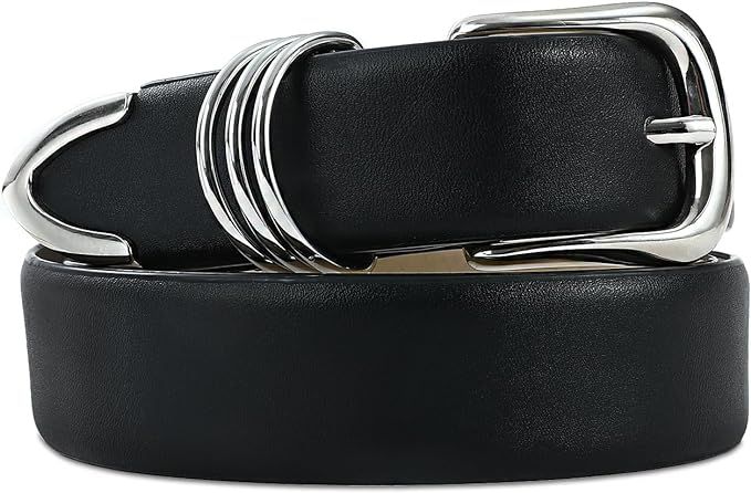RISANTRY Women's Leather Belts for Jeans Dresses, Black Leather Waist Belt Fashion Ladies Belts with Gold Buckle L… at Amazon Women’s Clothing store