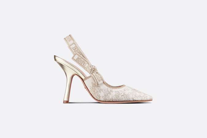 J'Adior Slingback Pump White and Gold-Tone Toile de Jouy Embroidered Cotton with Metallic Thread | DIOR