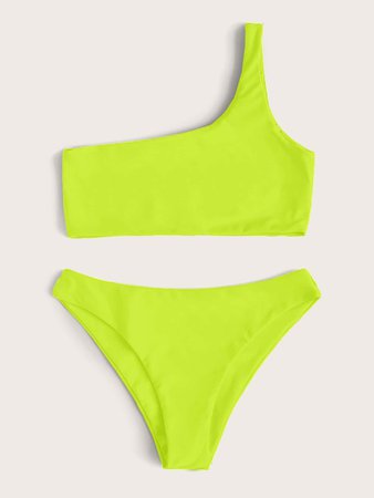 Neon Yellow One Shoulder Bikini Swimsuit | ROMWE