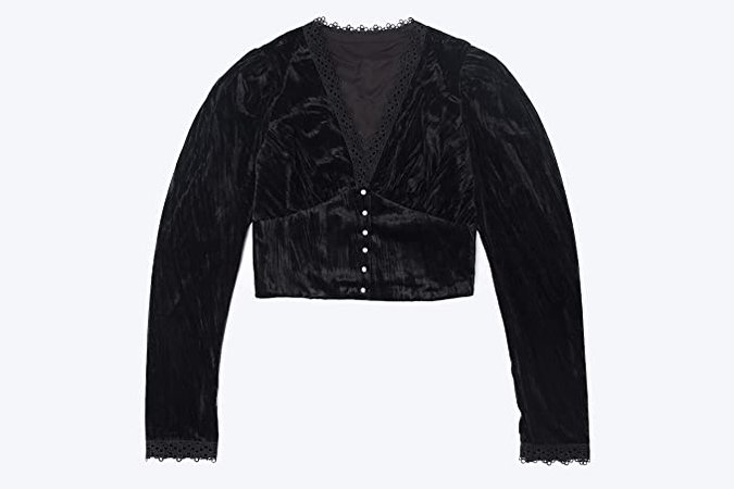 M Retail Premium Fabric Retro Fashion Women Velvet Lace Top Long Puff Sleeve V-Neck Warm Shirt Fall/Winter Blouses (Black, L) at Amazon Women’s Clothing store