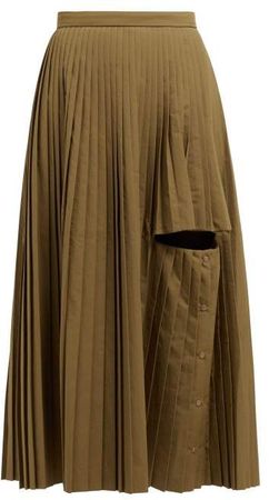 Cut Out Pleated Midi Skirt - Womens - Khaki