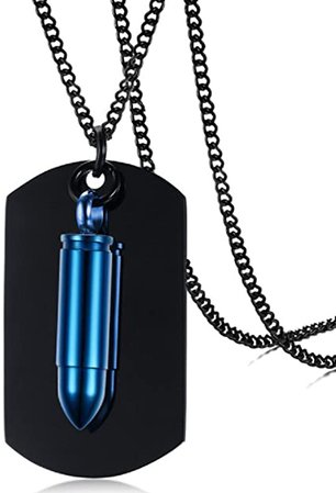 Free Customized Black Stainless Steel Dog Tag Blue Bullet Cremation Pendant Memorial Necklace for Men, 24 Inch Chain | Amazon.com
