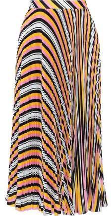 Pleated Striped Crepe De Chine Midi Skirt