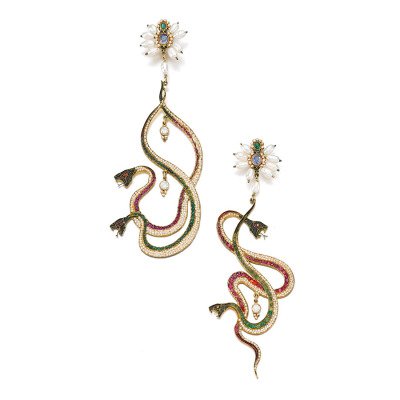 Gem Set Snake Earrings    c. 1900 Entwined snakes decorated with calibré-cut emeralds and rubies