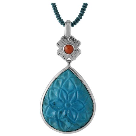 Emma Chapman Coral Turquoise Carved Silver Pendant For Sale at 1stDibs