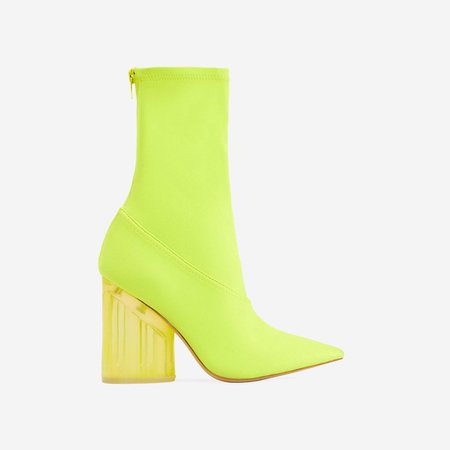 Niko Perspex Block Heel Pointed Ankle Sock Boot In Neon Yellow Lycra | EGO