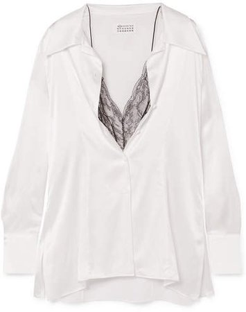 Lace-trimmed Silk-satin Blouse - White