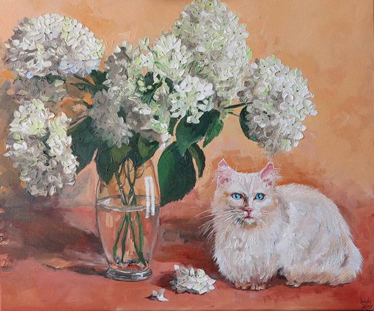 hydrangea bouquet still life original oil painting with white cat wall decor 24x20'' Painting by Leyla Demir | Saatchi Art